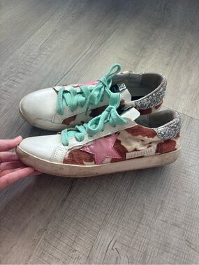 Golden Goose Superstar sneakers cow print calf hair,pink & silver glitter Sz 9